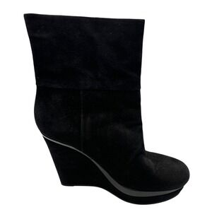 Via Spiga Black Suede Wedge Ankle Boots Patent Trim Platform  7.5 M
